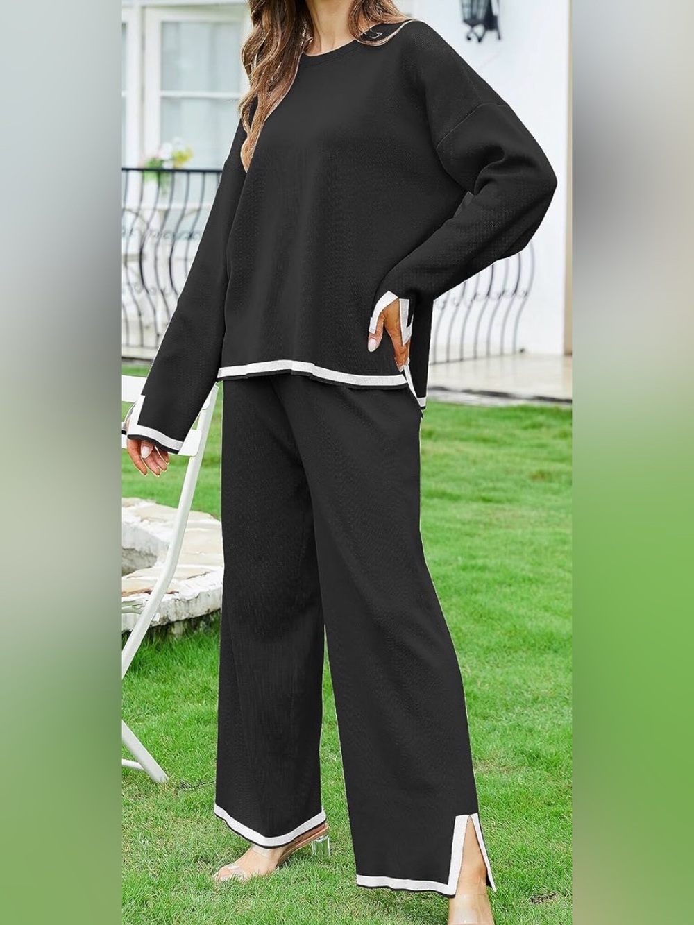Black Wide-Leg Two-Piece Set with White Trim